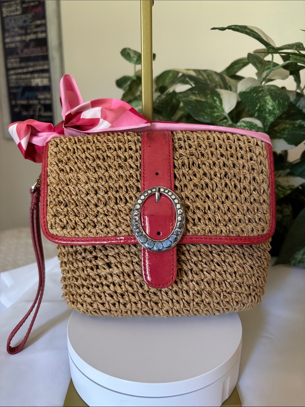 Brighton Straw Wristlet/Purse with Pink Trim and Buckle